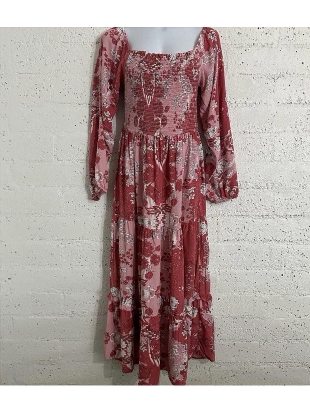 Natural life Smocked Floral Maxi Dress in Rose Pink